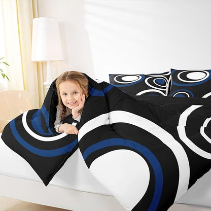 Erosebridal Black Blue Vortex Twin Bedding Sets for Adult Women Men Chic Geometric Abstract Mens Comforter Set Striped Aesthetic Circles Quilt Duvet Set Boho Modern Bedding Collections