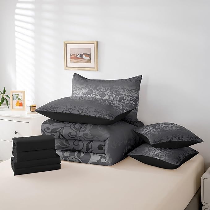 Erosebridal Gothic Damask Comforter Set 7 Piece Bed in a Bag Twin,Halloween Bat Bedding Sets Silver Gray Victorian Floral Goth Sheet Set with Comforter