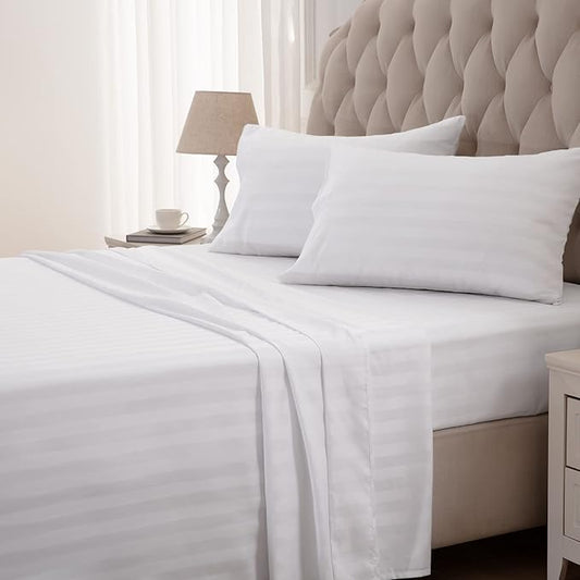 SLEEP ZONE Striped Cooling Queen Sheets Set - Fitted Flat Sheet & Pillowcase Sets 4 Piece - Super Soft Stripe Bed Sheet, Easy Care, Deep Pocket (White, Queen)