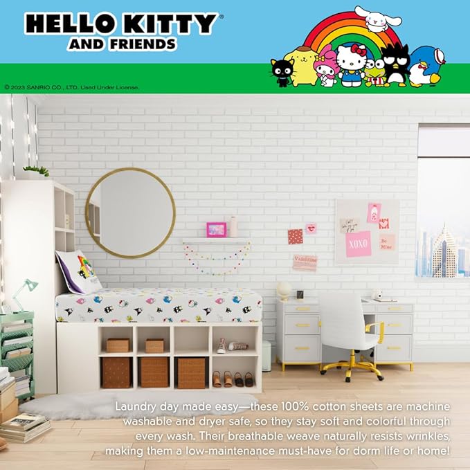 Collectibles Hello Kitty & Friends Bedding Super Soft Cotton 3 Piece Twin XL Sheet Set, College Dorm Essentials, (Officially Licensed Product) by Franco