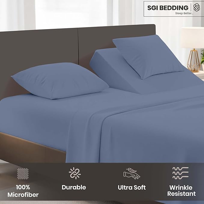 SGI Bedding Adjustable Split Head Flex Top Queen 34" Microfiber Sheet Set -Ultra Soft,Cooling & Deep Pocket 15” Fitted, 4-Piece Breathable & Durable Bedding Set for Split Queen Beds -Mediteranean Blue
