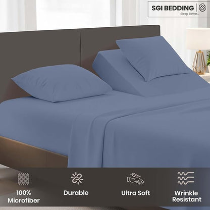 SGI bedding 39" King Split Top Flex Head Sheet Set 1800 Microfiber Threads Flex Top Sheet for Adjustable Bed 4 Pcs Sheet Set 15" Deep Pocket for Adjustable Bed - Mediterranean Blue