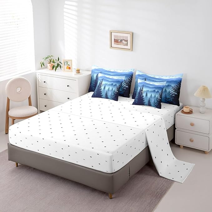 Erosebridal Dark Blue Full Comforter Set with Sheets Mountain Pine Tree Forest Bedding Sets 7 Piece Rustic Woodland Nature Landscape Bed in A Bag for Kids Boys Teen Men,Soft Lightweight Bed Set