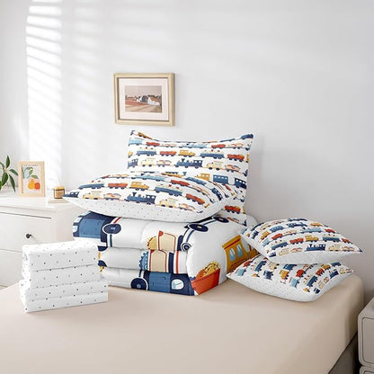 Cartoon Train Comforter Set King Size,Transport Vehicles Bedding Set for Kids Teens,Vintage Train Tracks (Comforter+Fitted+Flat Sheet+2 Pillowcases+2 Throw Pillow Covers) 7 Pieces