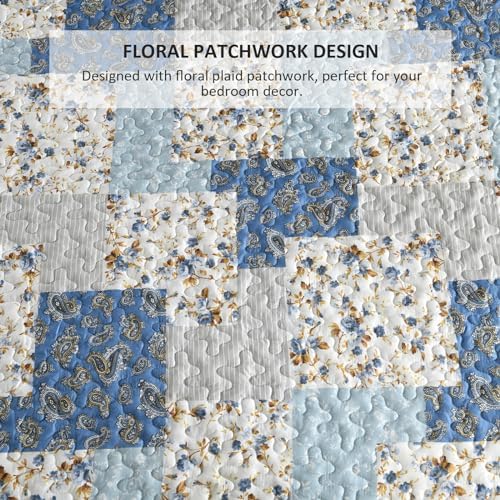Mybedsoul Boho Quilt King Size, Patchwork Floral Bedding Set, Light Blue