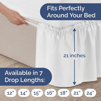 Wrap Around Dust Ruffle Bed Skirt - White - for King Size Beds with 21 Inch Drop - Easy Fit Elastic Strap - Adjustable Pleated Bedskirt w/Brushed Fabric - Wrinkle Free - for Women, Men, Kids & Teens