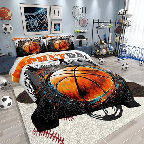 Sports Basketball Comforter Set for Teens 3D Basketball Bedding Set Sport Games Bedding Home Decor for Kids Comforter Twin Size 2 Pcs Hippie Graffiti Quilted Duvet Set 1 Comforter with 1 Pillowcase