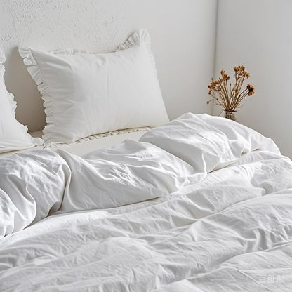 Simple&Opulence 100% Linen Duvet Cover Set, 3 PCS Natural French Flax White Ruffle Duvet Cover Full Size, Breathable Comfy Linen Bedding Comforter Cover with 2 Pillowcases (White, 78" X 86")
