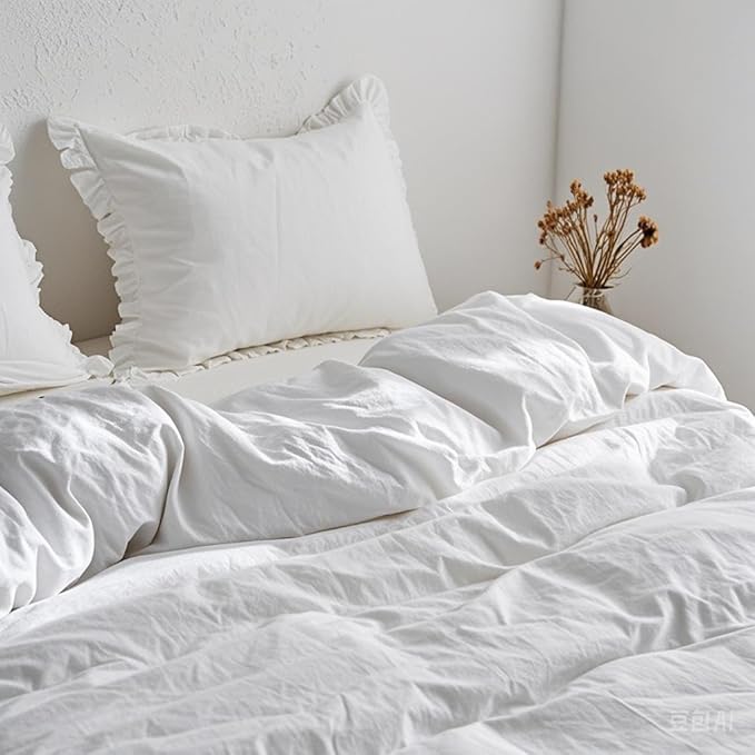 Simple&Opulence 100% Linen Duvet Cover Set, Natural French Flax White Ruffle Duvet Cover Twin Size, Breathable Comfy Linen Bedding Comforter Cover with 1 Pillowcase (White, 68" x 86")