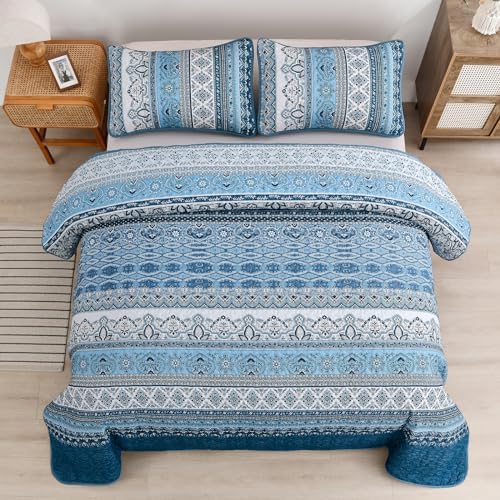 WONGS BEDDING Boho Quilt King Size,3 Pieces Blue Bedding Set
