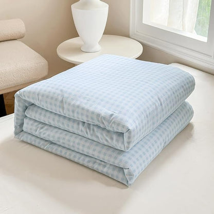 NSNLGSGC Light Blue Gingham Cotton Comforter Set Queen, 100% Washed Cotton Blue Plaid Checked Comforter Bedding, 3 Pieces Vintage Farmhouse Grid Bedding Set(Light Blue Gingham, Queen)