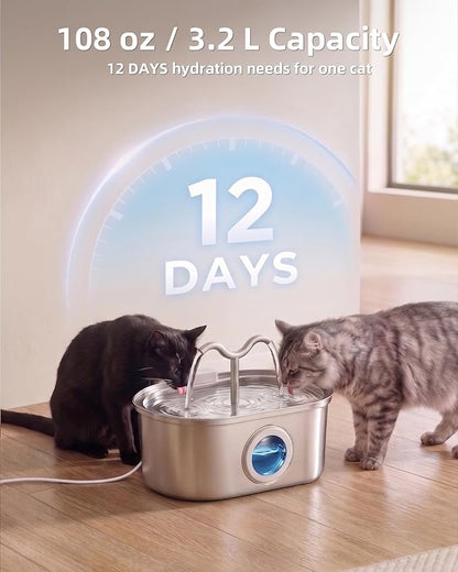 3.2L/108oz Stainless Steel Cat Water Fountain Pet Fountain | Automatic Pet Water Dispenser - Self-Designed Filtration System - Ultra-Quiet Pump - Easy Cleaning & Maintenance (3 Filters)