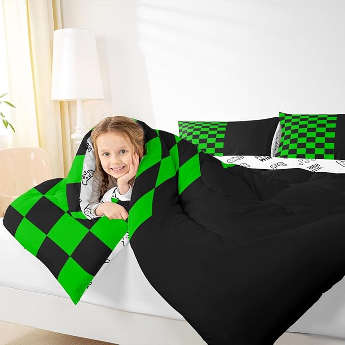 Geometric Plaid Kids Bedding Set Queen Size,Patchwork Grid Video Games Comforter Set，Simple Lattice Abstract Quilt Comforter,Black & Green Bedroom Duvet Insert,2 Pillowcases