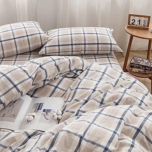 FACE TWO FACE Bedding Duvet Cover Set 3 Pieces 100% Washed Cotton Duvet Cover Linen Like Textured Breathable Durable Soft Comfy(King, Blue Grid)