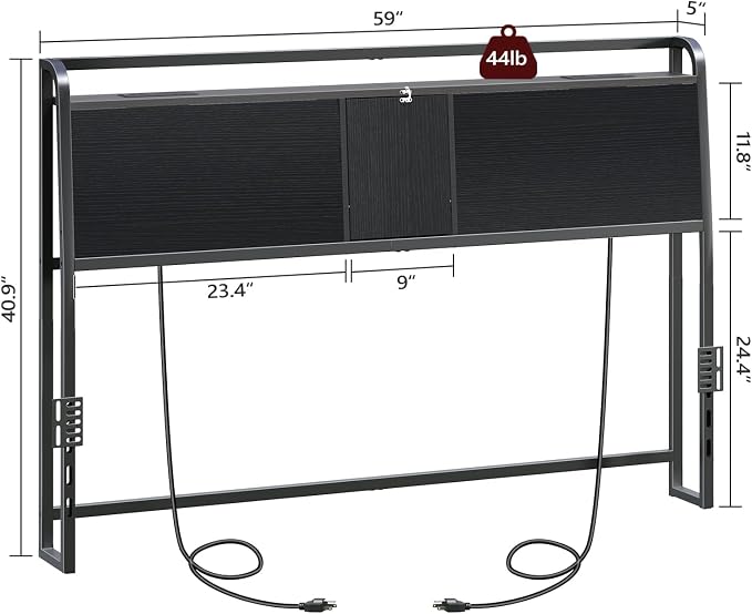 MAHANCRIS Headboard Queen Size with 2 Power Strips and Flip Door Storage | Industrial Queen Headboard with Adjustable Bed Frame Adapters, 95° Backrest, Easy Assembly, Sturdy Construction, Black