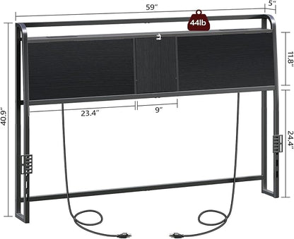 MAHANCRIS Headboard Queen Size with 2 Power Strips and Flip Door Storage | Industrial Queen Headboard with Adjustable Bed Frame Adapters, 95° Backrest, Easy Assembly, Sturdy Construction, Black