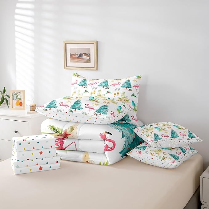 Christmas Tree 7 Pieces Comforter Sets King,Xmas Theme Flamingo Surfboard Bedding Set for Kids Girls Bedroom Decor,Sea Beach Slippers Bed in a Bag with Comforter,Sheets and Pillow Cases