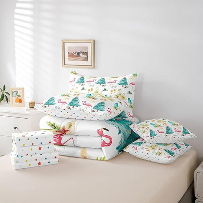 Christmas Tree 7 Pieces Comforter Sets Full,Xmas Theme Flamingo Surfboard Bedding Set for Kids Girls Bedroom Decor,Sea Beach Slippers Bed in a Bag with Comforter,Sheets and Pillow Cases