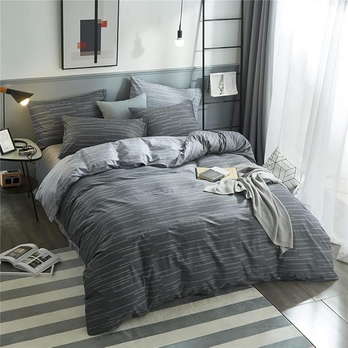 LifeTB 100% Cotton Striped Duvet Cover Set Full Size Geometric Grey Stripes Pattern Printed Bedding Set Modern Style Striped Comforter Cover for Men Boys Teens 1 Full Duvet Cover with 2 Pillowcases