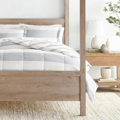LINENS & HUTCH Comforter Set Patterned Microfiber All Season Down-Alternative Ultra Soft Bedding in Distressed Stripe - Full/Queen Distressed Stripe Light Blue