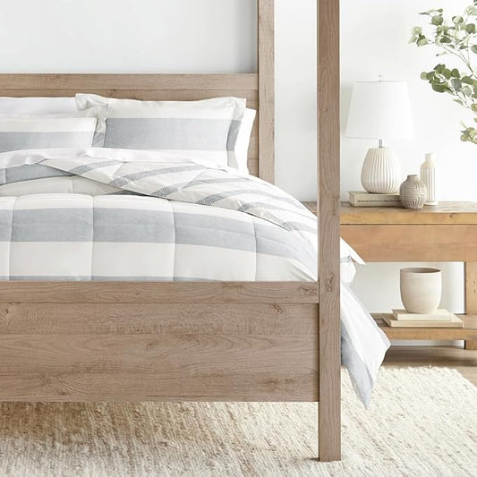 LINENS & HUTCH Comforter Set Patterned Microfiber All Season Down-Alternative Ultra Soft Bedding in Distressed Stripe - Full/Queen Distressed Stripe Light Blue