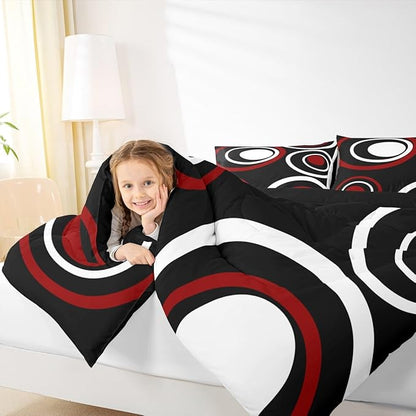 Erosebridal Red Black Striped Twin Bedding Sets for Adult Women Men Modern Circle Abstract Comforter Set Contemporary Graffiti Lines Quilt Duvet Set Minimalists Aesthetic Boho Bedding Collections