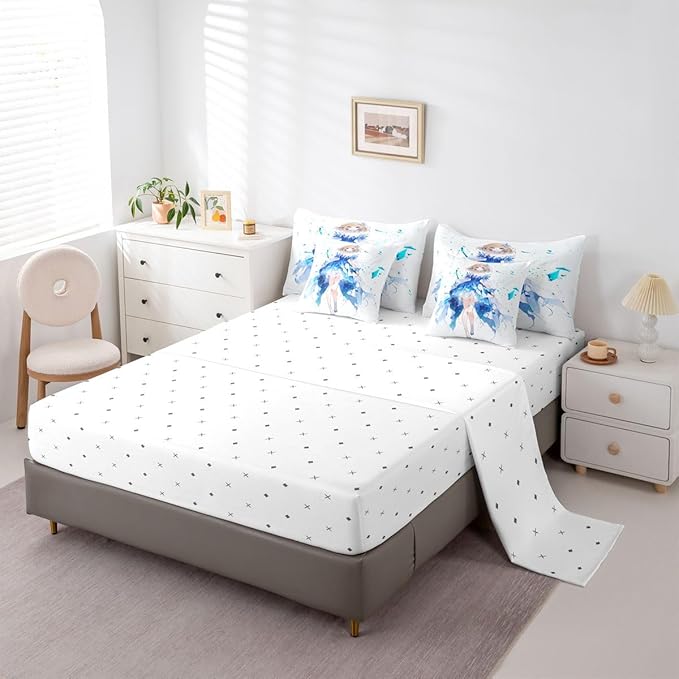 Erosebridal Anime Girl Queen Comforter Set 7 Piece Japanese Girl Bedding Set,3D Anime Cartoon Bed in A Bag for Kids,Japanese Style Sheet Set with Comforter(Blue)