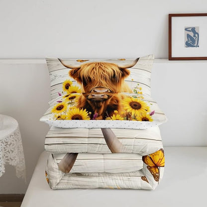 Feelyou Highland Cow Comforter Set Full Size Highland Cattle Comforter for Boys Girls Teens Animal Bedding Set Wildlife Duvet Set Room Decor Yellow Beige Quilt Set