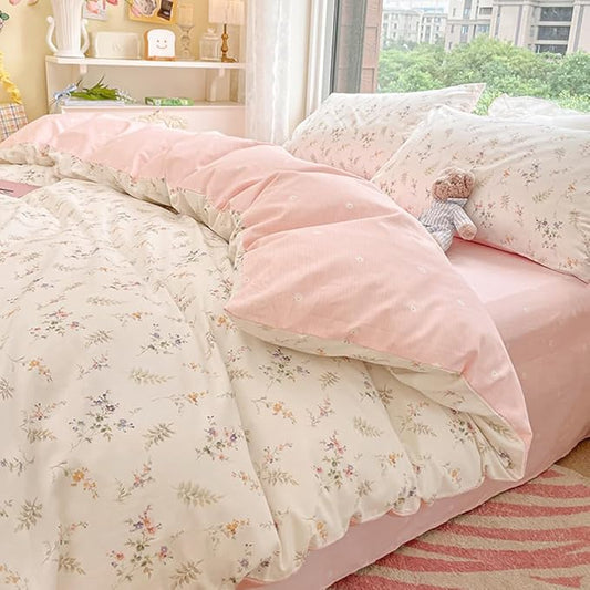 Nayoroom Floral Duvet Cover Queen Size Girls Pink White Botanical Flower Coquette Bedding Set 3 Pieces Soft Breathable Garden Cottagecore Aesthetic Comforter Cover with Pillow Shams