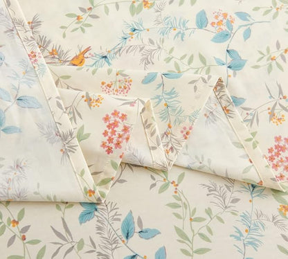 DAUAOTO Cotton Sheets Set California King Printed Bedding Sets, Bird Botanical Pattern Bedlinen for Cal King Bed Up to 14" Deep Mattress Cream