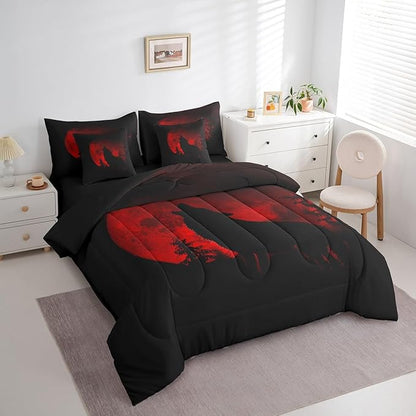 Castle Fairy Wolf Silhouette Bed in a Bag Comforter Set,Howling Wolf Animal Twin Size 7 Pieces for Kids Teens,Jungle Red Moon Bedding Set with Comforter, Sheet Set, Pillowcases, Pillow Covers