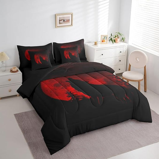 Castle Fairy Wolf Silhouette Bed in a Bag Comforter Set,Howling Wolf Animal Twin Size 7 Pieces for Kids Teens,Jungle Red Moon Bedding Set with Comforter, Sheet Set, Pillowcases, Pillow Covers