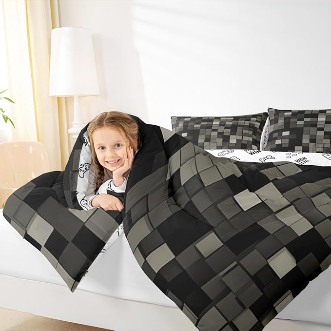 Manfei Pixelated Kids Comforter Set Twin Size,Patchwork Grid Video Games Bedding Set Boys Girls Room Decor,Lattice Abstract Simple Quilt Comforter,Dark Gray Duvet Set Bedroom Quilt Set,1 Pillowcase