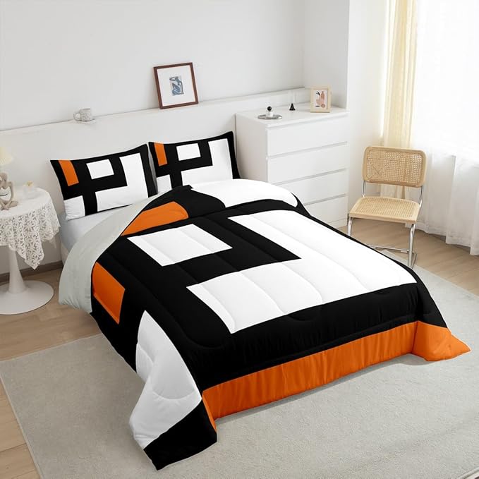 Erosebridal Blue Black and White Striped Bedding Set Full Size Square Abstract Comforter Set for Adult Women Men Modern Geometric Stripes Bold Lines Bed Sets Minimalist Plaids Quilt Sets