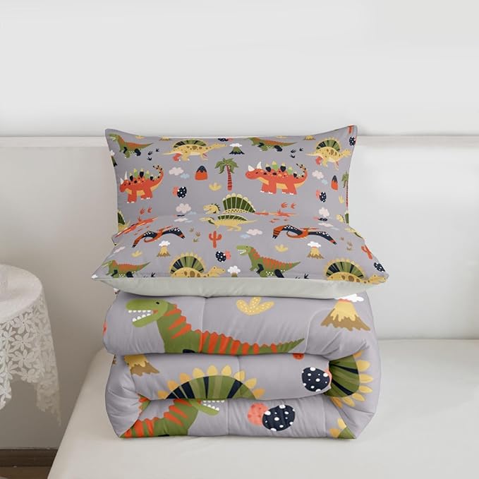 Feelyou Cartoon Dinosaur Comforter Set All Season Cute Bedding Set with 2 Pillow Cases Jungle Dino Kids Queen Bedclothes Wild Animal Bedroom Decor Gray Duvet Quilt Breathable Soft