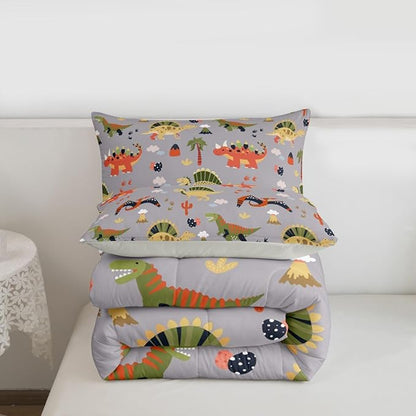 Feelyou Cartoon Dinosaur Comforter Set All Season Cute Bedding Set with 2 Pillow Cases Jungle Dino Kids Queen Bedclothes Wild Animal Bedroom Decor Gray Duvet Quilt Breathable Soft