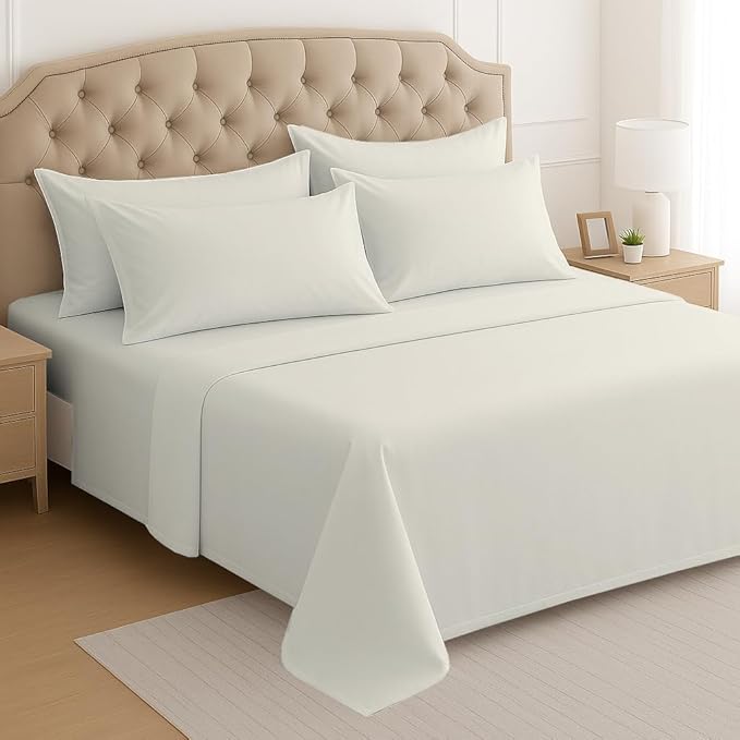 Mattress-Homes 6 Piece Cal-King Sheet Set, Hotel Luxury Collection, 100% Egyptian Cotton, 18 Inch Deep Pocket Fitted Sheet, Soft & Cool, Breathable Bedding with 4 Pillowcases in Ivory Solid
