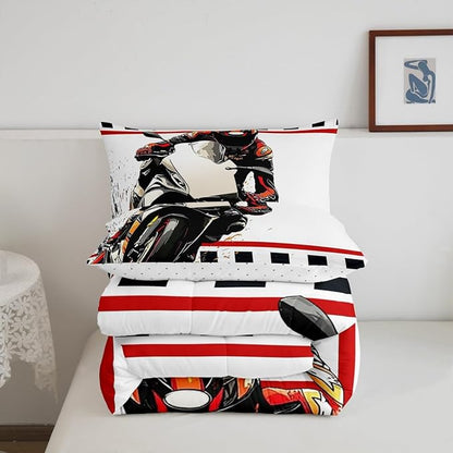 Feelyou Dirt Bike Comforter Set Full Size Racing Motocross Rider Comforter for Boys Girls Teens Extreme Sports Bedding Set Flag Duvet Set Room Decor Off White Quilt Set