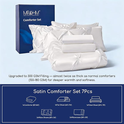 MR&HM Satin Comforter Full 7 Pieces - Luxurious Pinch Pleat Bedding Set with Comforter, Flat Sheet, Fitted Sheet, Pillowcases & Shams, Super Silky Soft Bed Set for All Season (Full, Ivory)