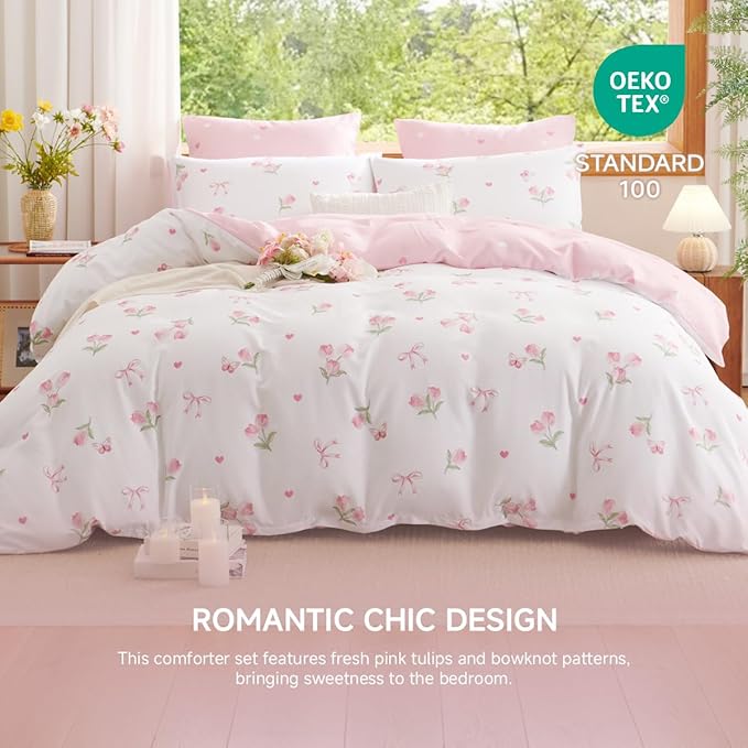 Floral Comforter Set Queen Size - 3 Pieces Pink White Floral Tulips Bow Comforter Bedding Sets Reversible Pattern,Queen Bed in a Bag with Flowers Comforter and 2 Pillowcases
