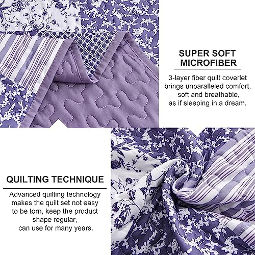 Mybedsoul Boho Quilt King Size, Patchwork Floral Bedding Set, Purple