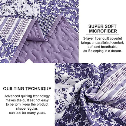 Mybedsoul Boho Quilt King Size, Patchwork Floral Bedding Set, Purple