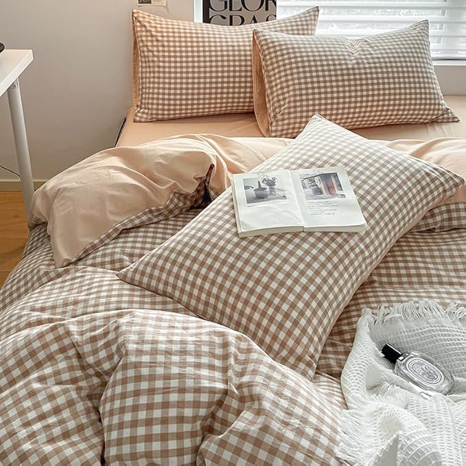 Nayoroom Brown Gingham Duvet Cover Queen Size 100% Washed Cotton Duvet Cover 3 Pieces Soft Breathable Yarn-Dyed Plaid Checkered Girls Dorm Bedding Set for All Seasons