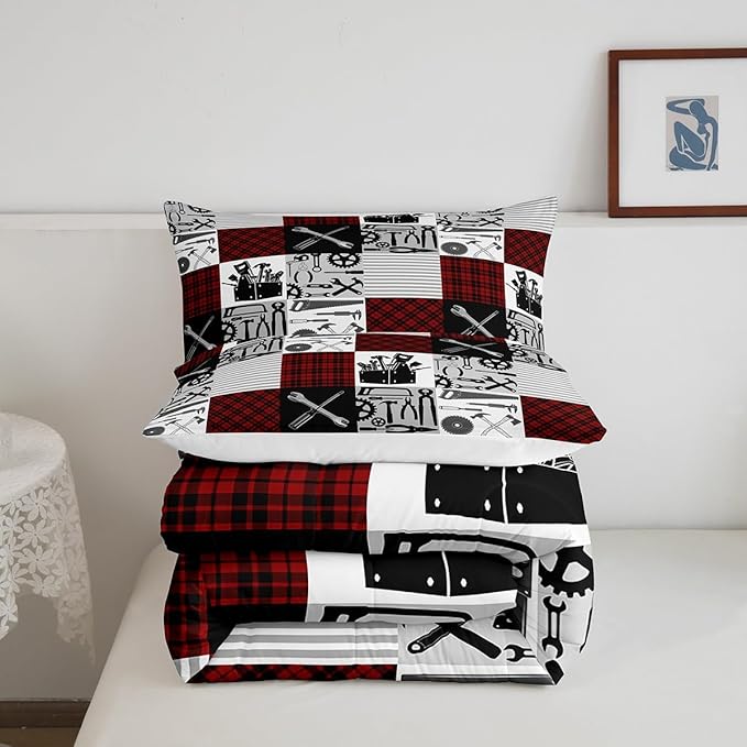 Kids Boys Car Bedding Set Queen Size Farmhouse Gingham Check Comforter Wrench Repair Outfit Comforter Set Red Black Duvet Set 3Pcs Quilt Set 1 Comforter Set with 2 Pillowcase