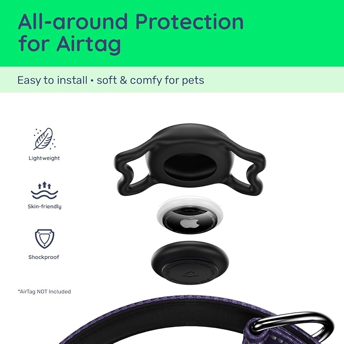 Airtag Dog Collar, Reflective Ultra-Durable Nylon Padded with QR Buckle & IP68 Waterproof Air Tag Holder Compatible for Apple AirTag, Comfortable for Small Medium Large Dogs (Purple, XS)
