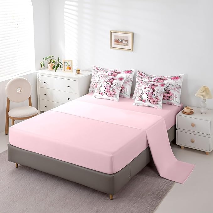 Winter Snowman Comforter Set 7 Pieces,Rustic Cherry Blossom Trees Botanical Bed Set,Farmhouse Decor Bedding Bed in a Bag,King (1 Comforter,2 Pillowcase,2 Pillow Covers,1 Flat Sheet,1 Fitted Sheet)