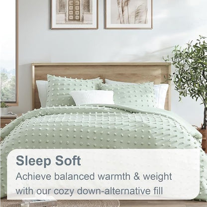 Swift Home King Sage Comforter Set - Decorative Tufted Pom Poms Bedding Set - 3 Pieces Bed Linen, 1 Comforter and 2 Pillow Shams