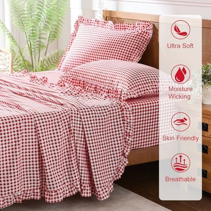 Gingham Sheet Set, Lightweight Super Soft Brushed Microfiber Plaid Bed Sheets with 16" Deep Pocket, 4 Piece Ruffle Farmhouse Bedroom Decor, Queen, Red