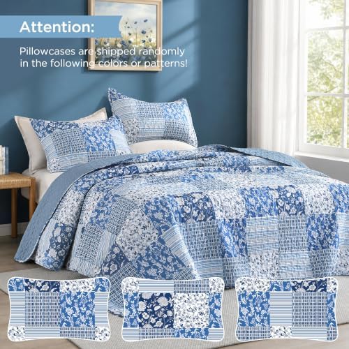 Litanika Floral Blue Quilt Queen - 3Pcs Botanical Birds Bedding Set
