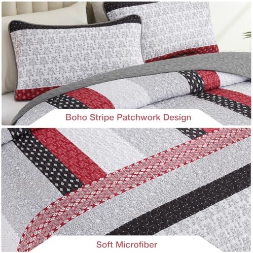 WONGS BEDDING Boho Queen Size Quilt Set, Black Red Striped Bedspread